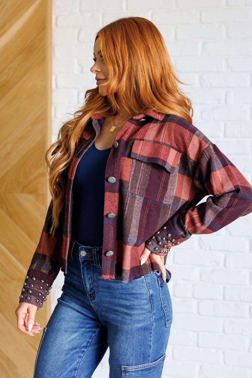 Maroon Plaid Studded Shacket - Inspired Eye Boutique