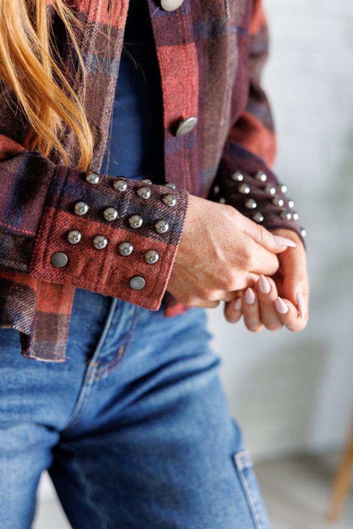 Maroon Plaid Studded Shacket - Inspired Eye Boutique