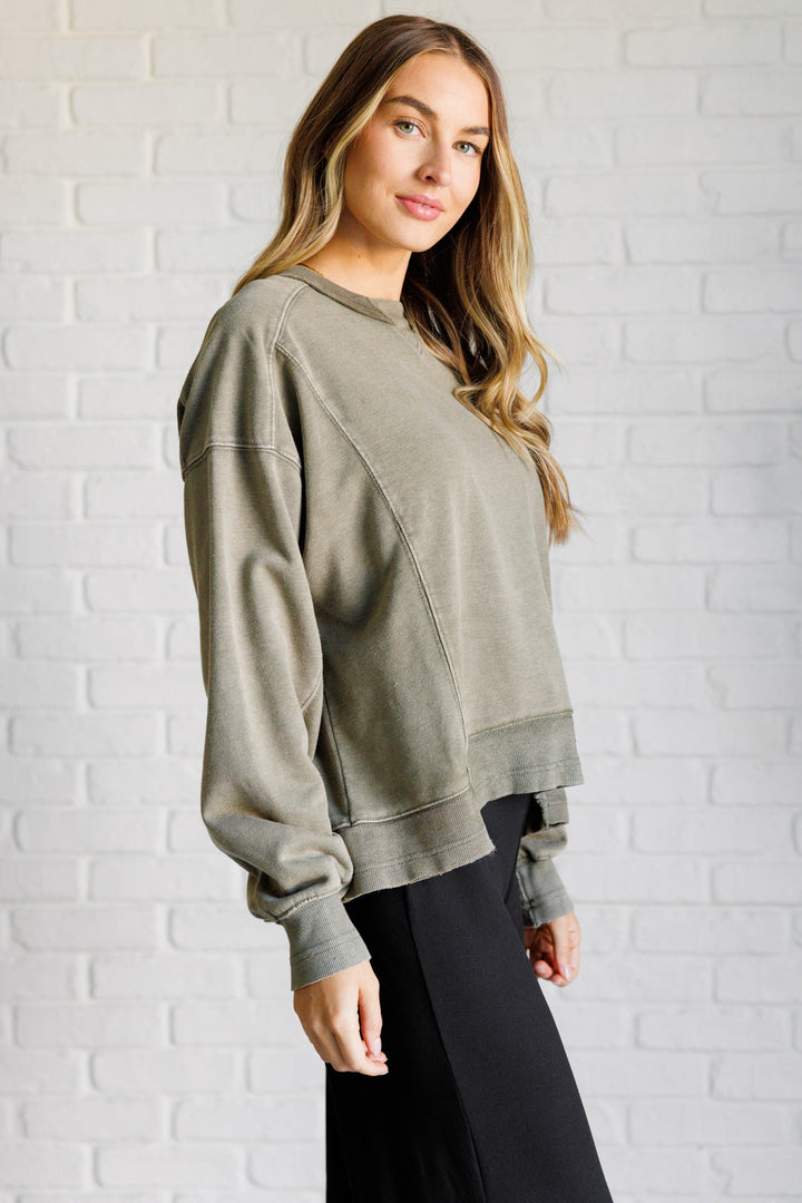 Mineral Wash Crew Neck Pullover Sweatshirt - Army Green - Inspired Eye Boutique