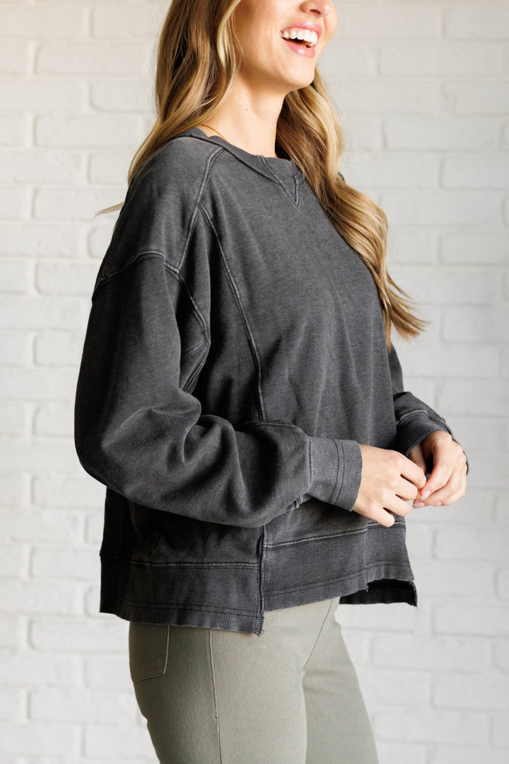 Mineral Wash Crew Neck Pullover Sweatshirt - Black - Inspired Eye Boutique