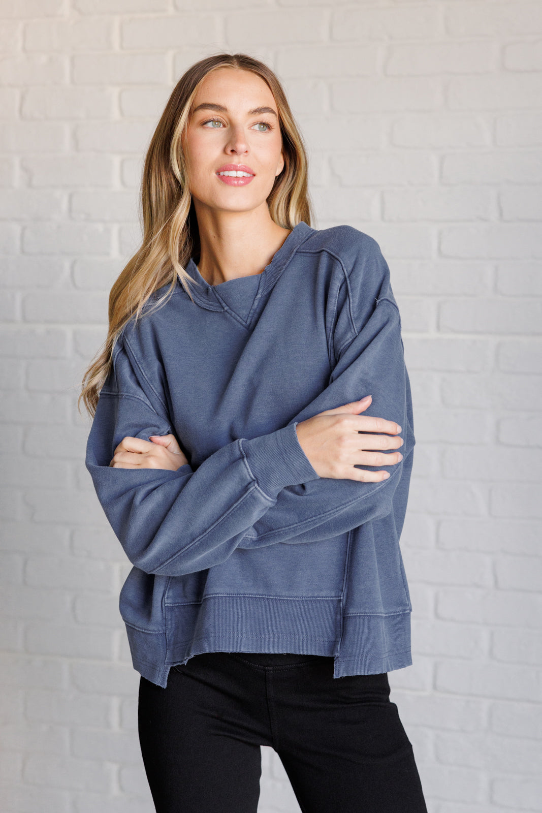 Mineral Wash Crew Neck Pullover Sweatshirt - Blue - Inspired Eye Boutique