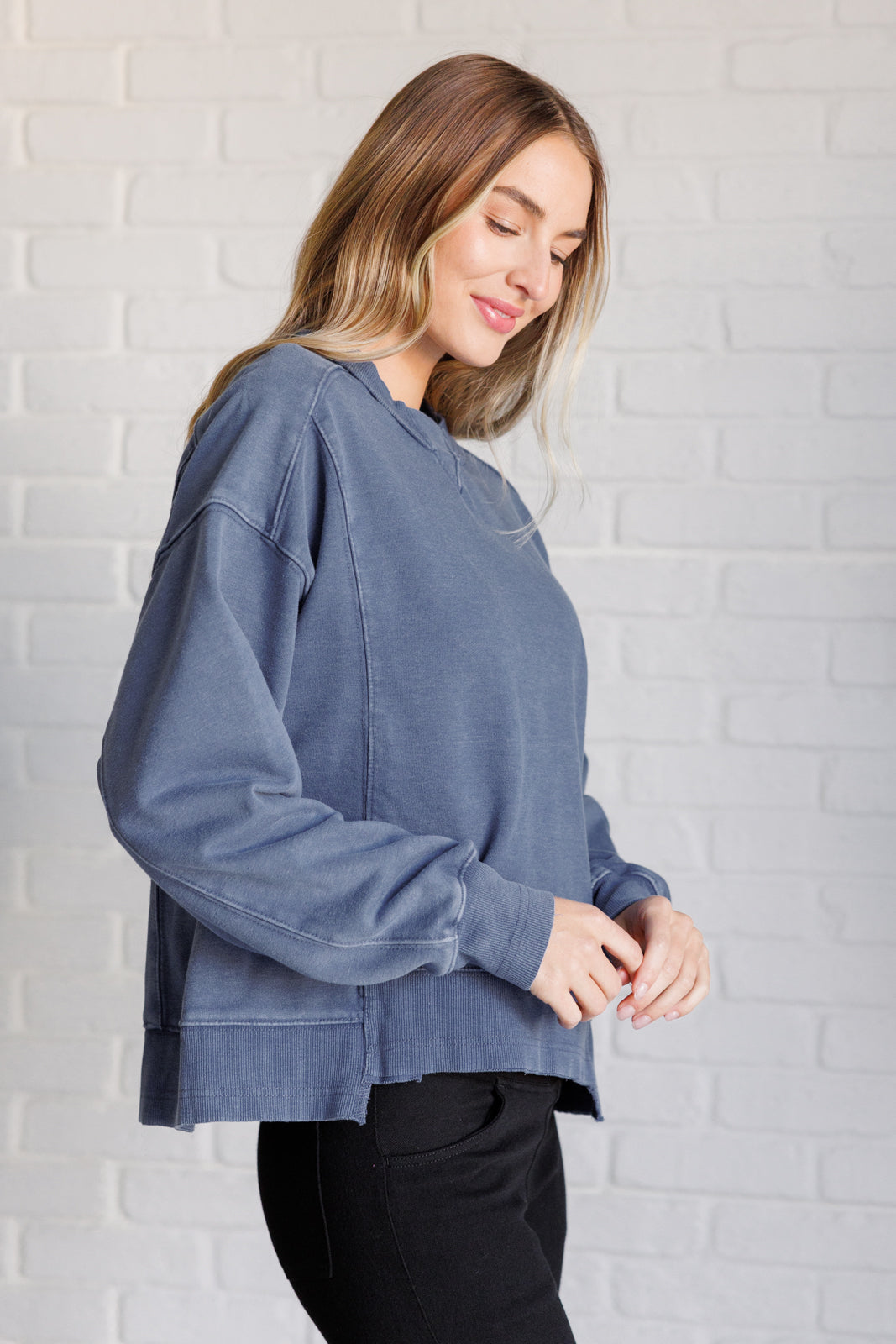 Mineral Wash Crew Neck Pullover Sweatshirt - Blue - Inspired Eye Boutique