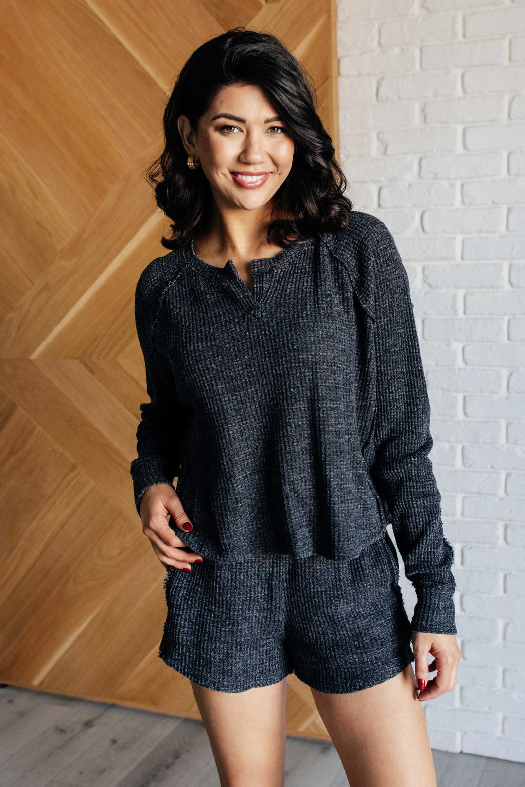 Mineral Wash Waffle Knit Lounge Set - Black - Inspired Eye Boutique