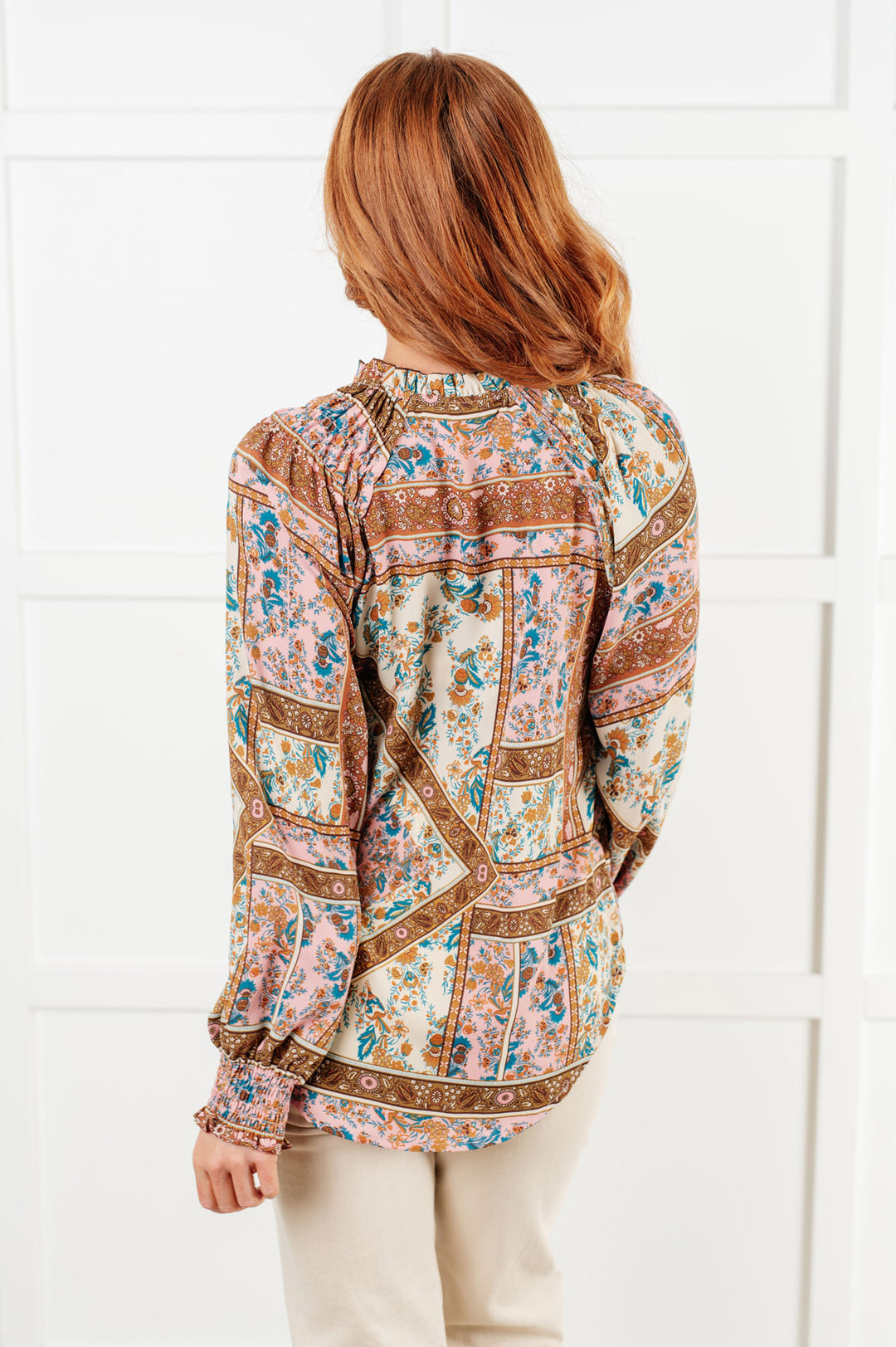 Mixed Print Peasant Blouse - Tan - Inspired Eye Boutique