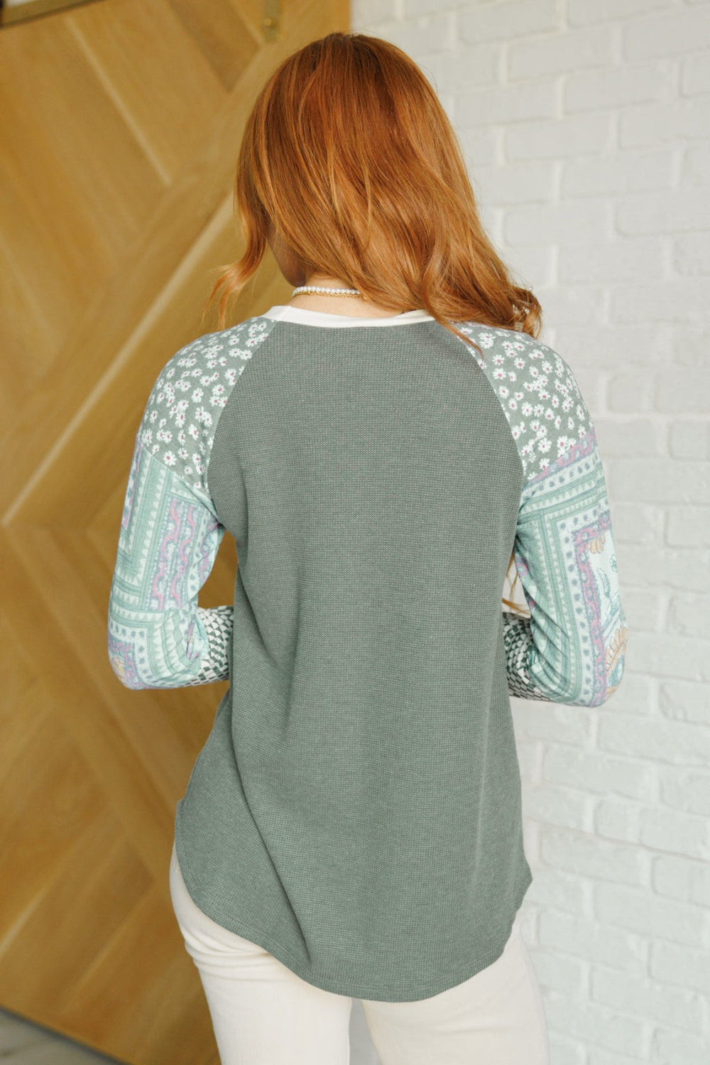 Mixed Print Waffle Knit Top - Green - Inspired Eye Boutique