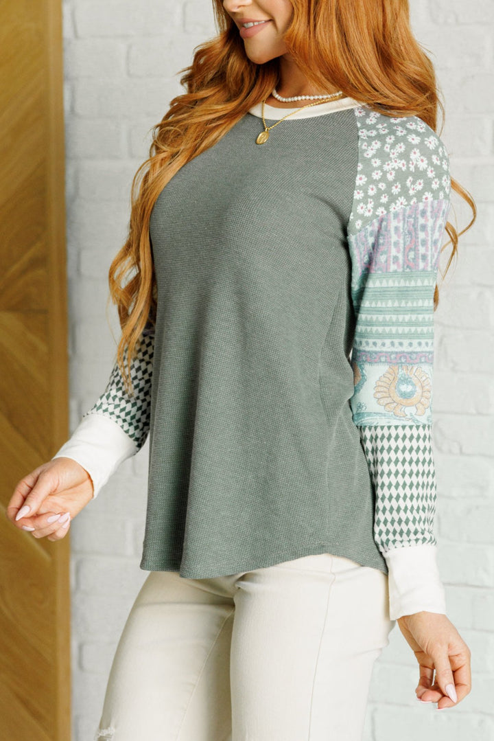 Mixed Print Waffle Knit Top - Green - Inspired Eye Boutique