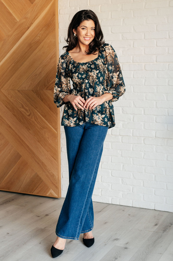 Navy Floral Chiffon Square Neck Blouse - Inspired Eye Boutique