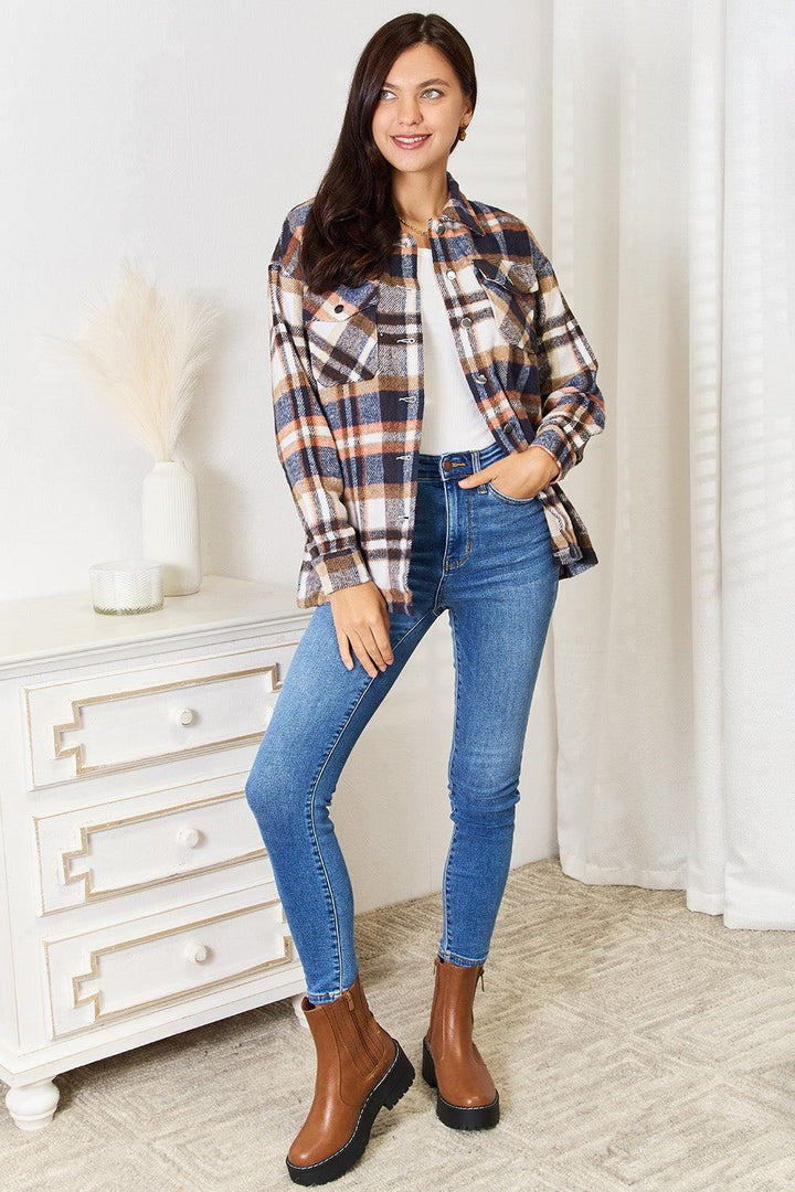 Navy Plaid Button Up Shirt Jacket - Inspired Eye Boutique