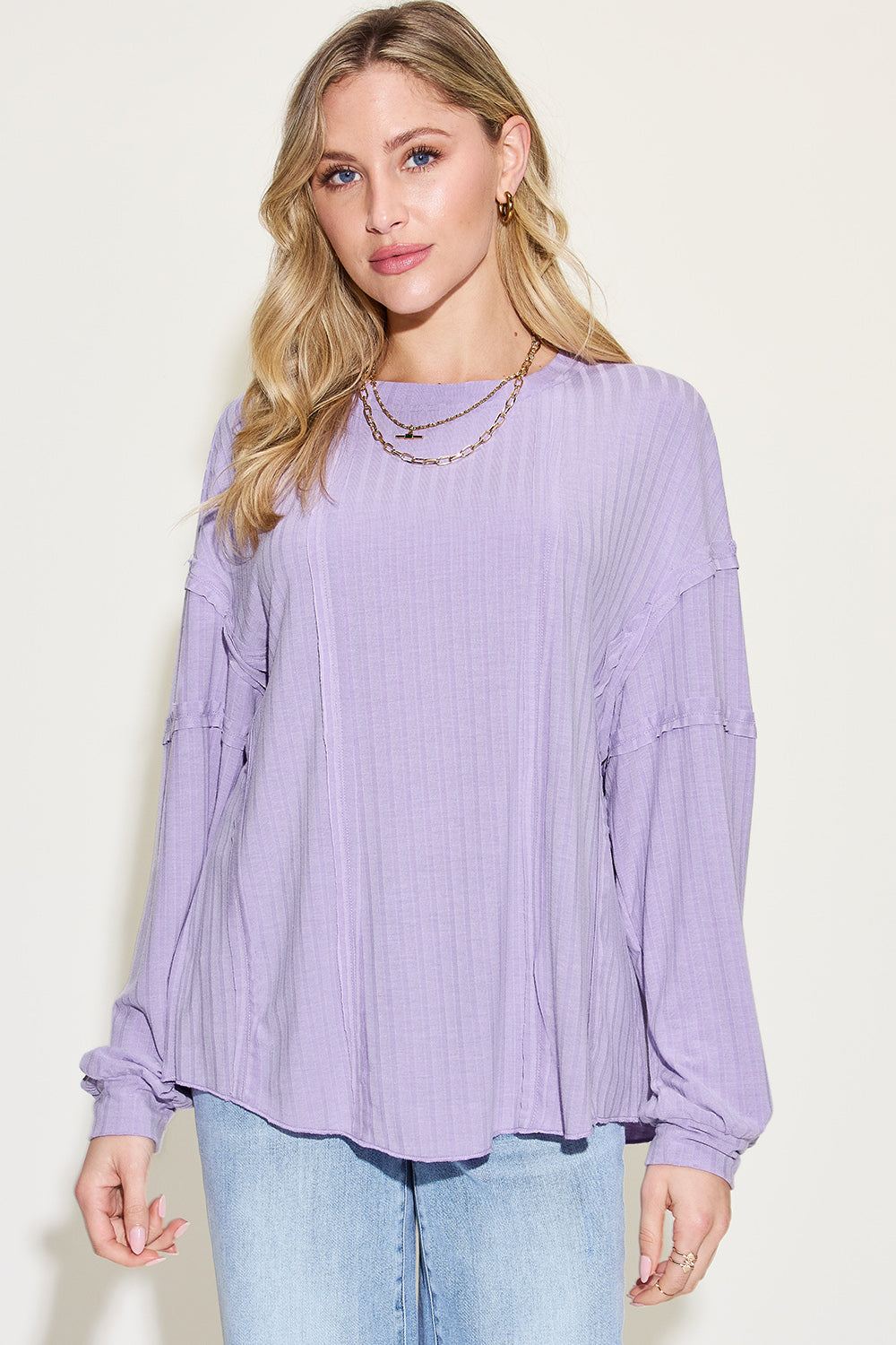 Oversized Long Sleeve Top - Ribbed Fabric - Exposed Seam Detail - Inspired Eye Boutique