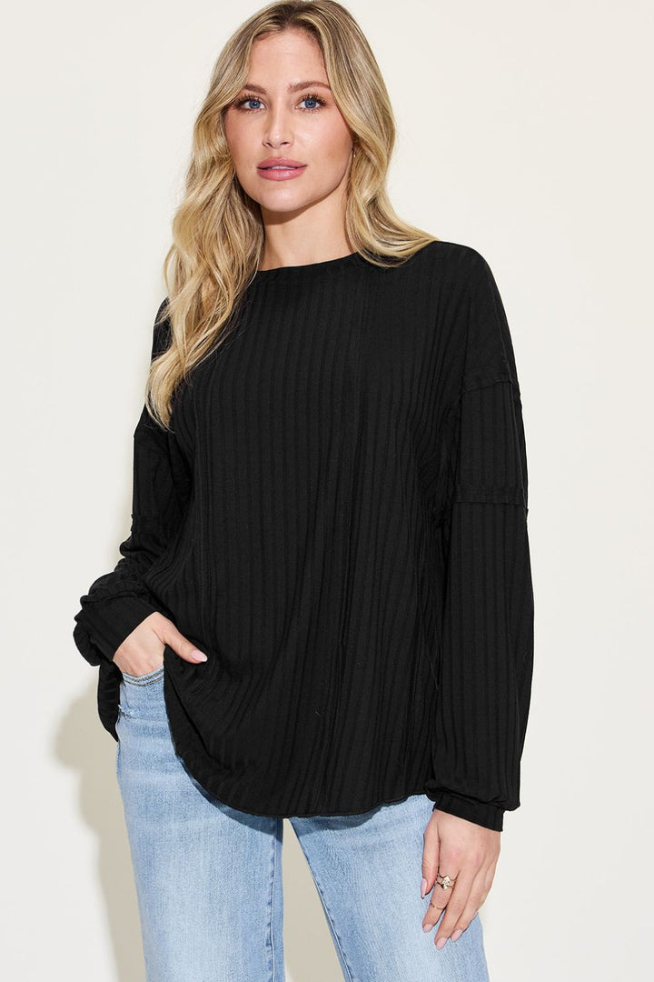 Oversized Long Sleeve Top - Ribbed Fabric - Exposed Seam Detail - Inspired Eye Boutique