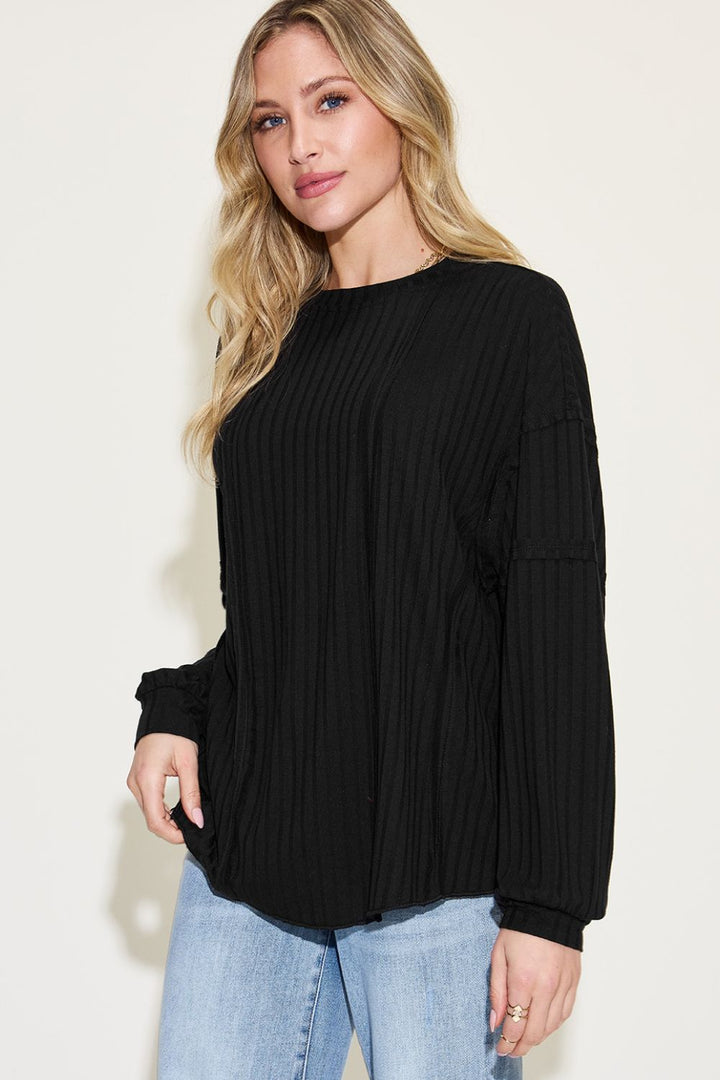 Oversized Long Sleeve Top - Ribbed Fabric - Exposed Seam Detail - Inspired Eye Boutique