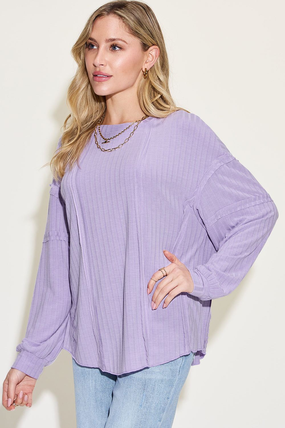 Oversized Long Sleeve Top - Ribbed Fabric - Exposed Seam Detail - Inspired Eye Boutique