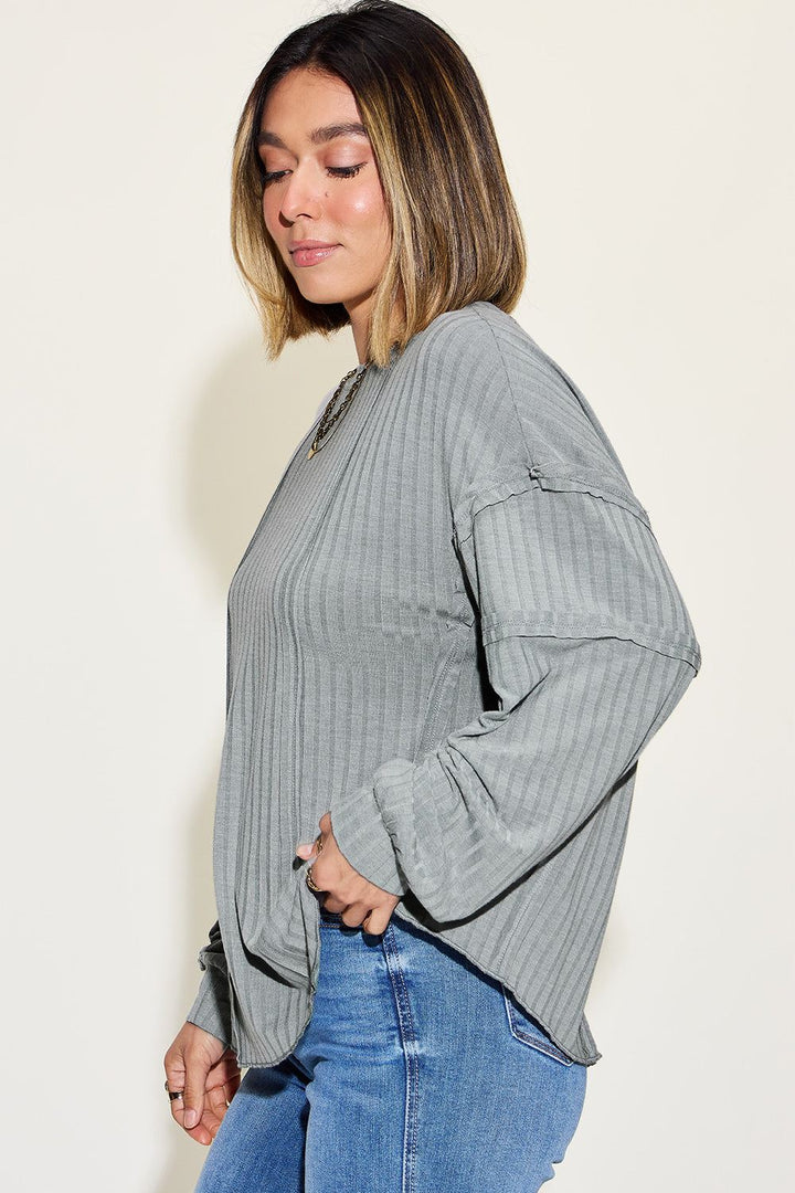 Oversized Long Sleeve Top - Ribbed Fabric - Exposed Seam Detail - Inspired Eye Boutique