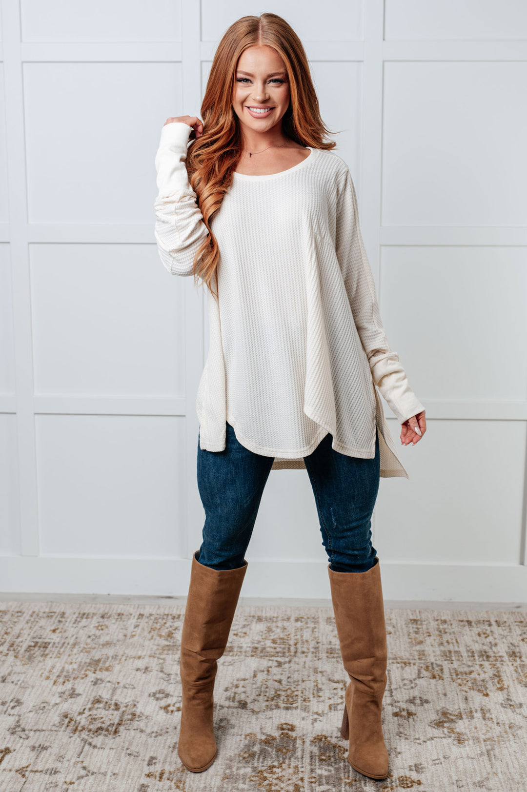 Oversized Long Sleeve Waffle Knit Top - Cream - Inspired Eye Boutique