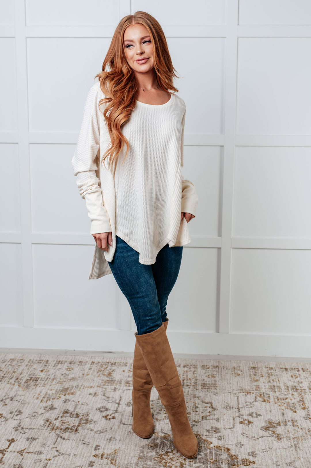 Oversized Long Sleeve Waffle Knit Top - Cream - Inspired Eye Boutique