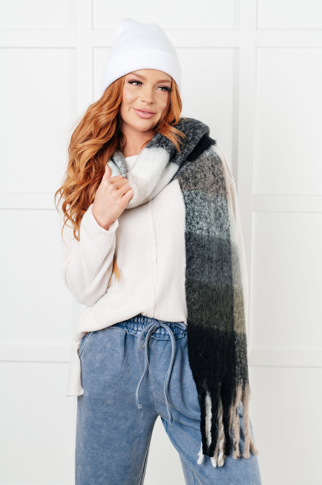 Oversized Plaid Fringe Scarf - Grey - Inspired Eye Boutique