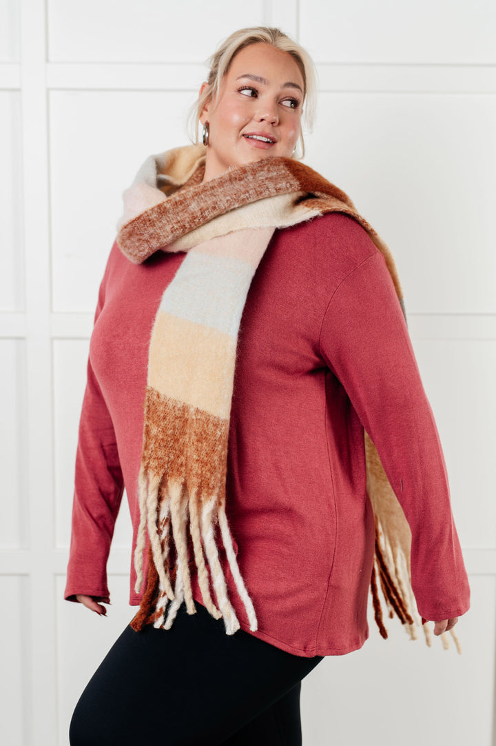 Oversized Plaid Fringe Scarf - Light Brown - Inspired Eye Boutique