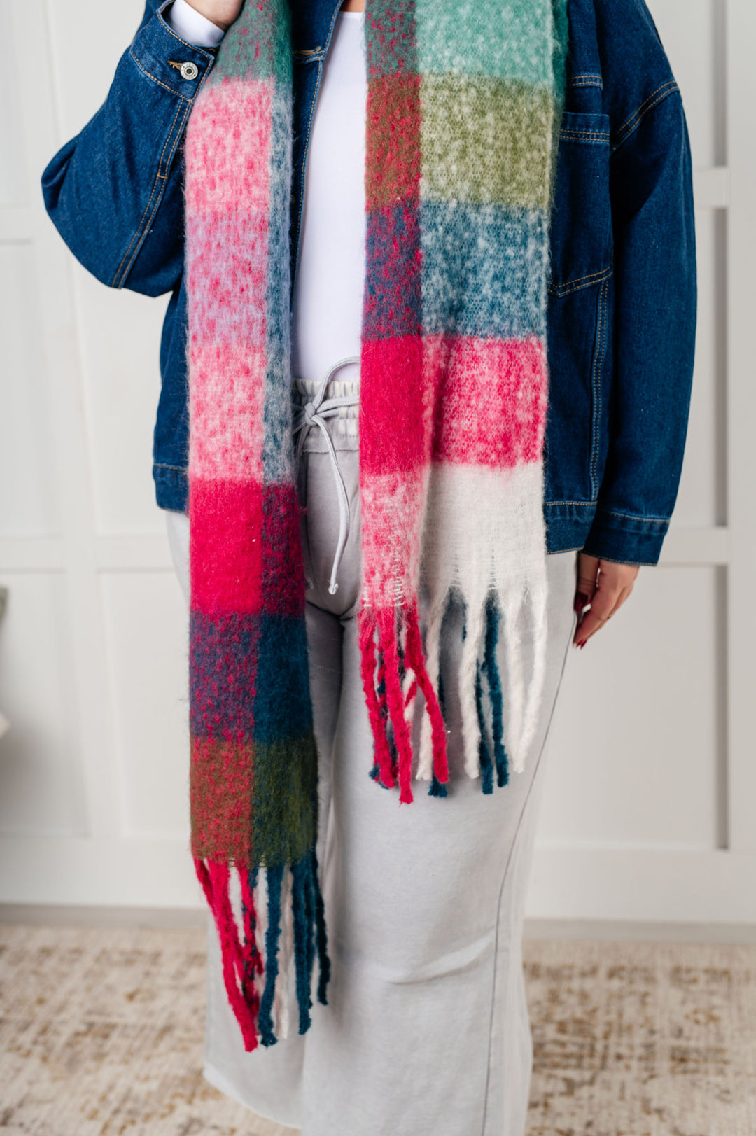 Oversized Plaid Fringe Scarf - Magenta - Inspired Eye Boutique