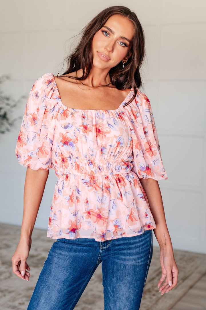 Peach Floral Short Balloon Sleeve Blouse - Inspired Eye Boutique