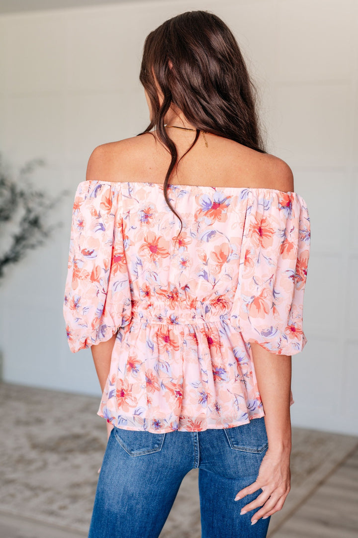 Peach Floral Short Balloon Sleeve Blouse - Inspired Eye Boutique