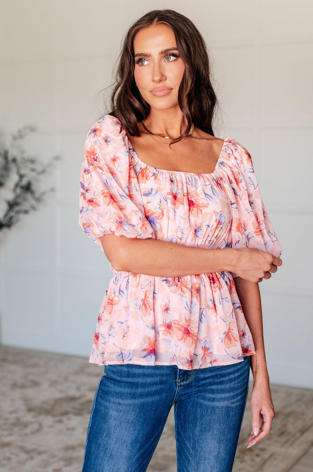 Peach Floral Short Balloon Sleeve Blouse - Inspired Eye Boutique