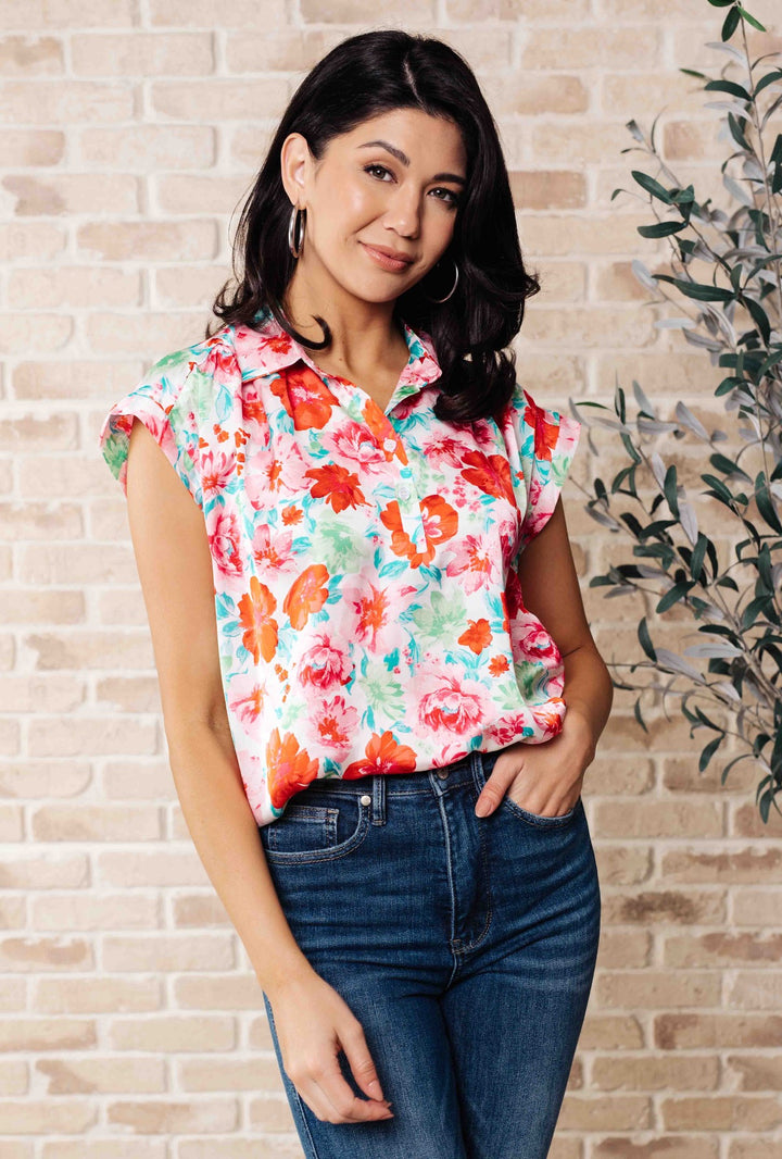 Pink Floral Collared Short Sleeve Blouse - Inspired Eye Boutique