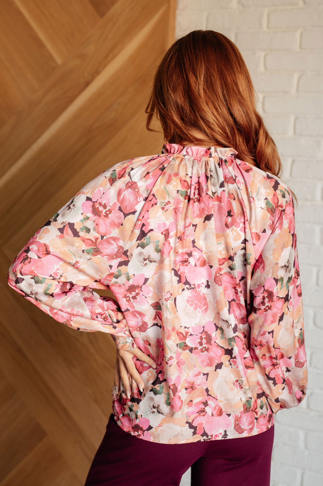 Pink Floral Poly Satin Long Sleeve Blouse - Inspired Eye Boutique