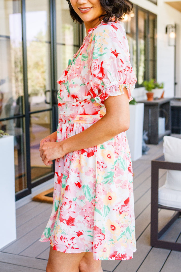 Pink Floral Short Sleeve Mini Dress - Inspired Eye Boutique