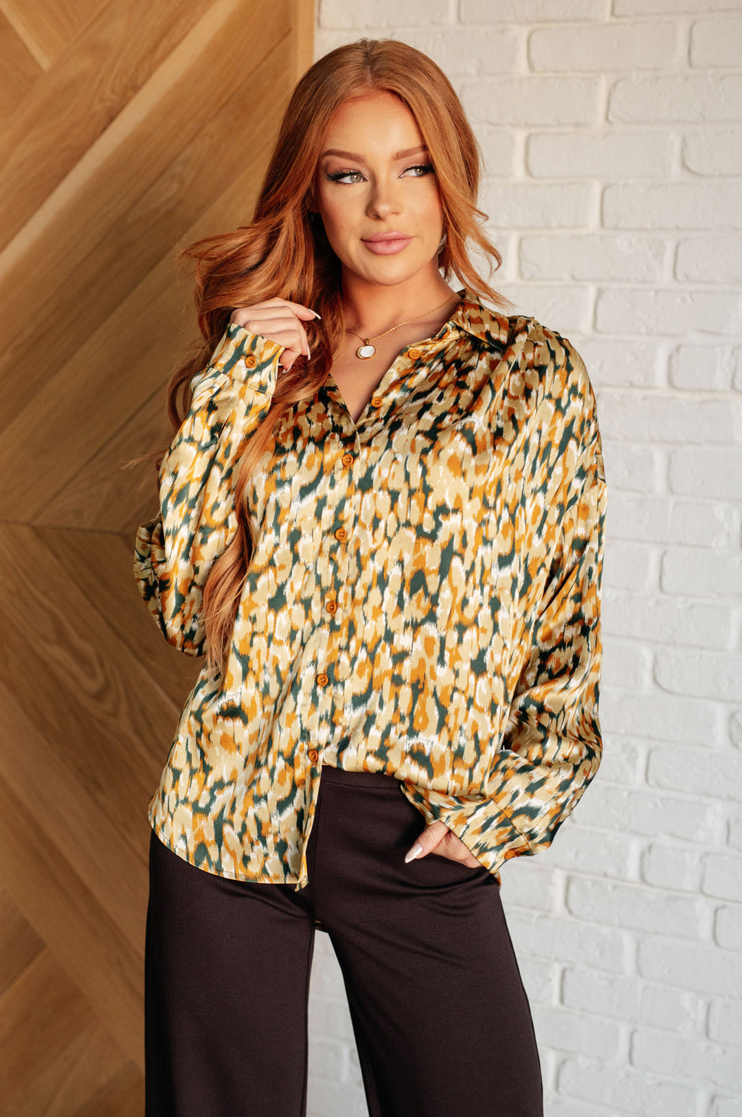 Poly Satin Button-up Blouse - Abstract Print - Inspired Eye Boutique