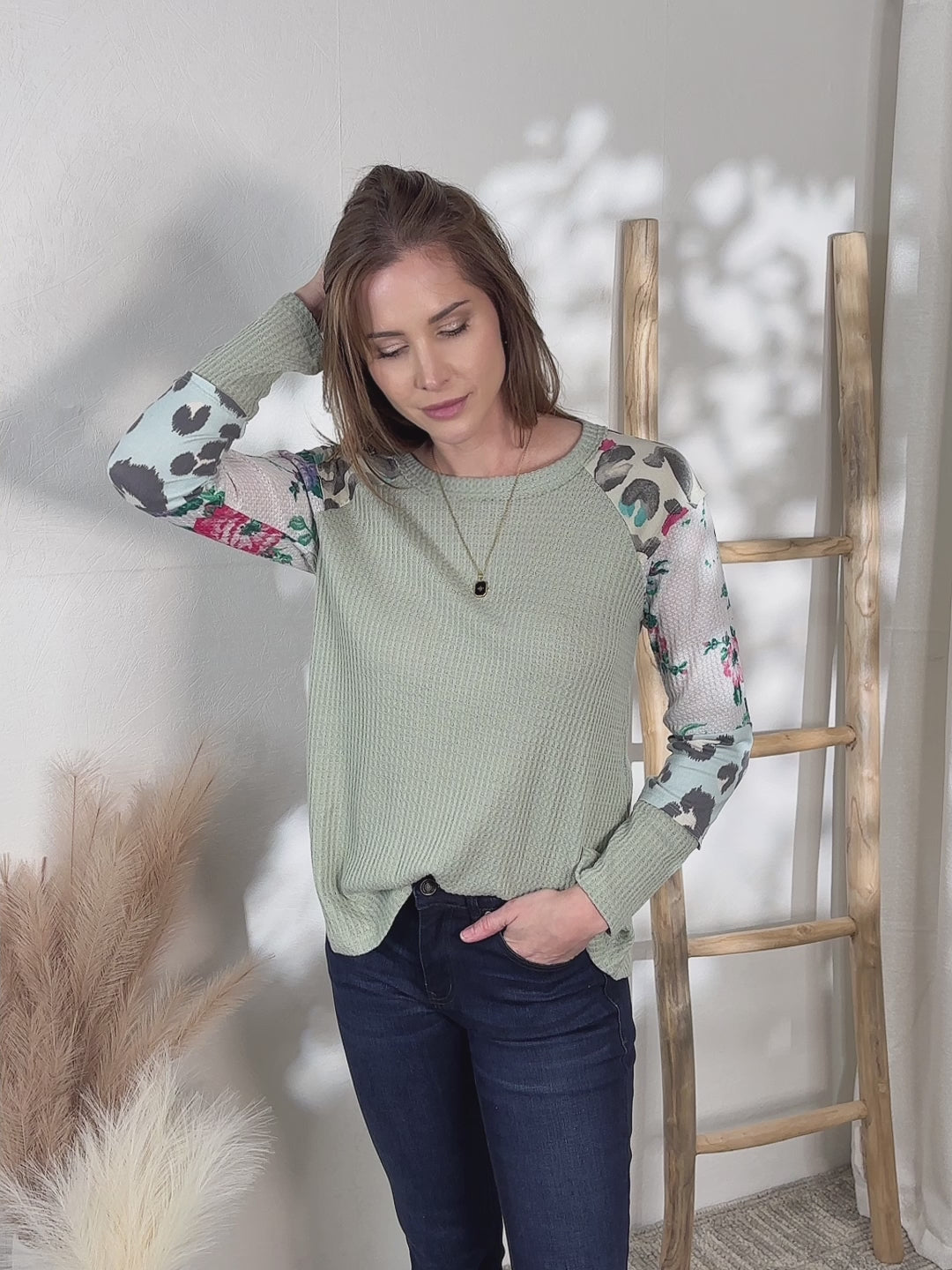 Wren Waffle Knit Print Top - Sage