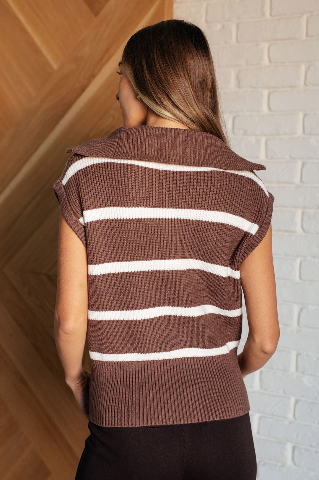 Quarter Zip Sleeveless Sweater - Brown Stripe - Inspired Eye Boutique