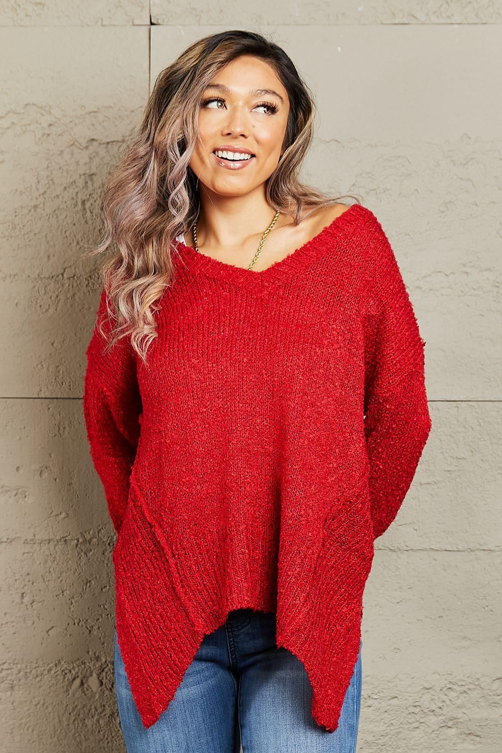 Sweater - Red Draped Detail Long Sleeve - Inspired Eye Boutique
