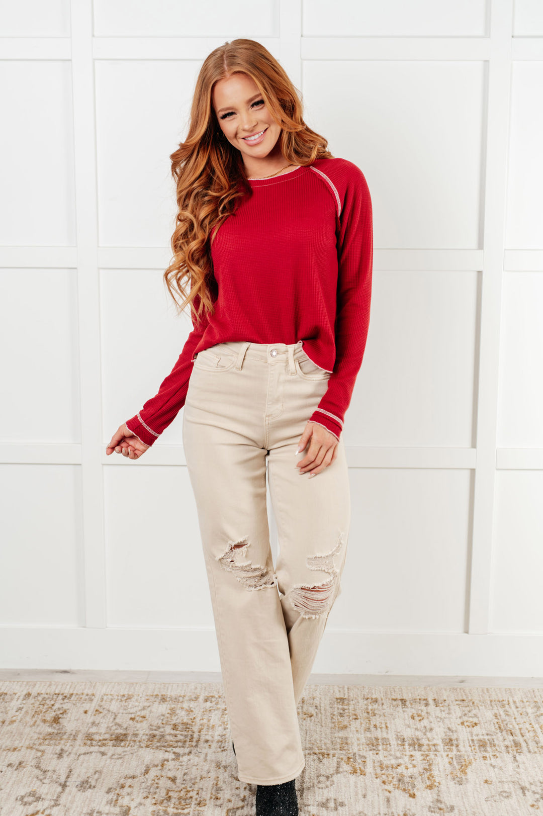 Red Long Sleeve Waffle Knit Top - Inspired Eye Boutique