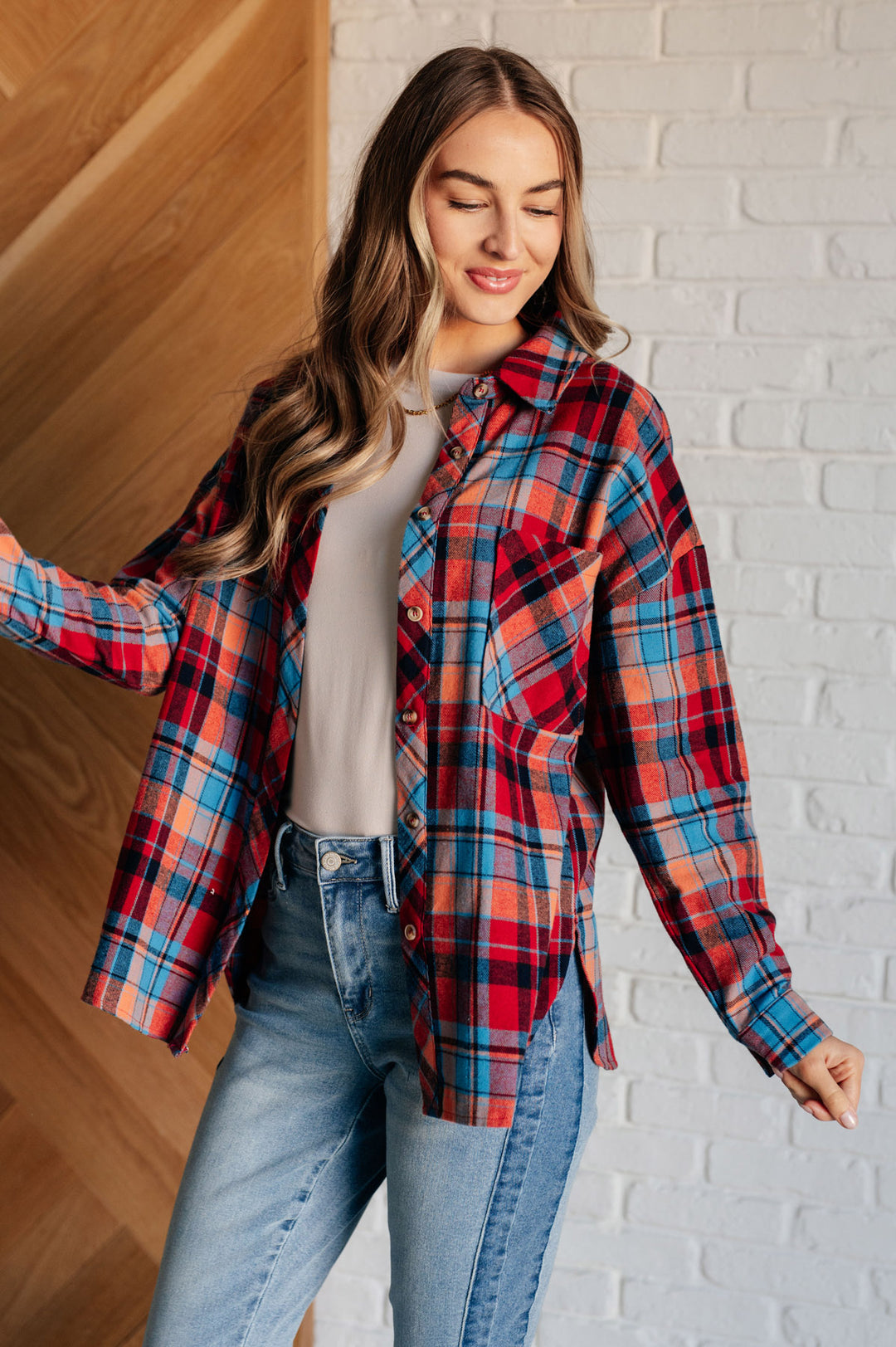 Red Plaid Flannel Button-Up Shirt - Inspired Eye Boutique