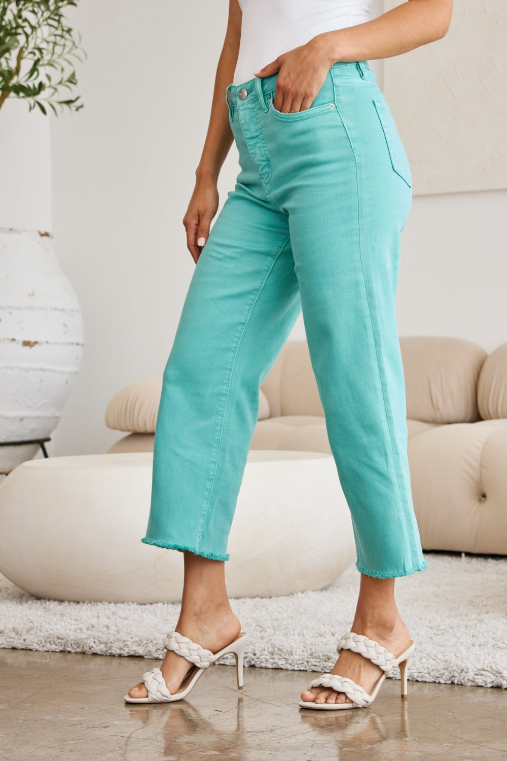 RFM Jeans - Turquoise Wide Leg Cropped Jeans - Inspired Eye Boutique