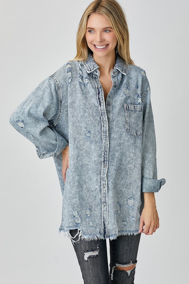 RISEN Acid Wash Button-Up Denim Shirt - Inspired Eye Boutique