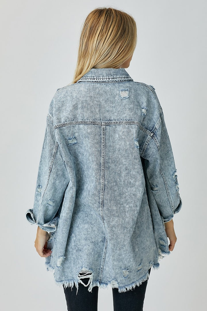 RISEN Acid Wash Button-Up Denim Shirt - Inspired Eye Boutique