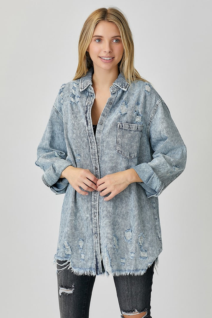 RISEN Acid Wash Button-Up Denim Shirt - Inspired Eye Boutique