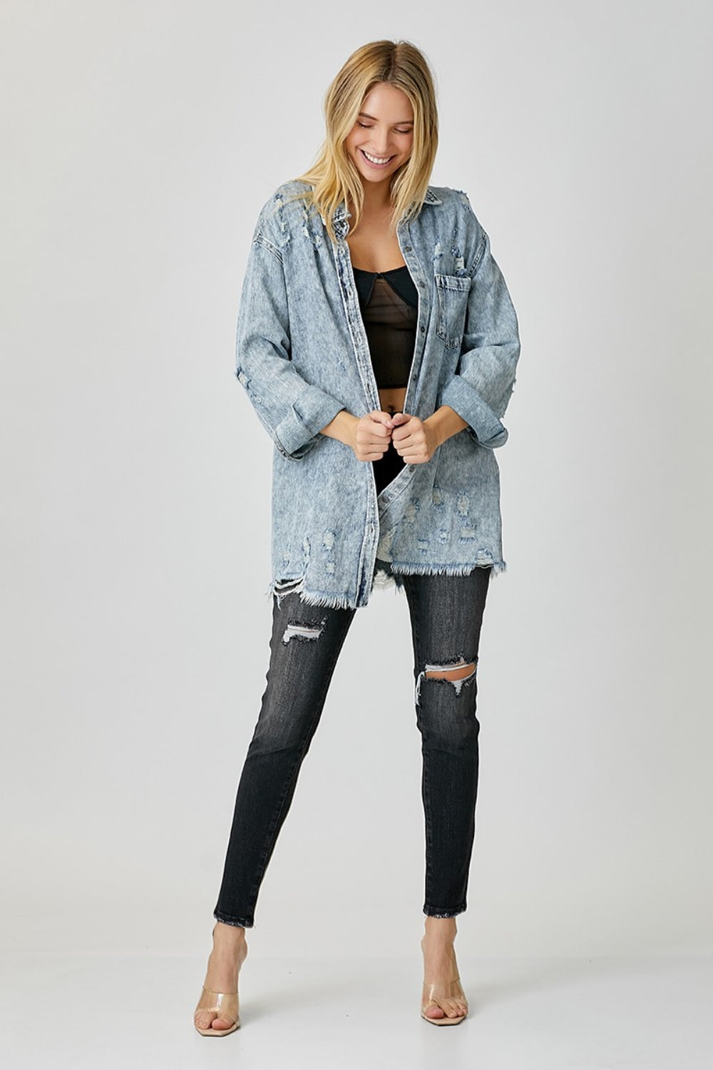 RISEN Acid Wash Button-Up Denim Shirt - Inspired Eye Boutique