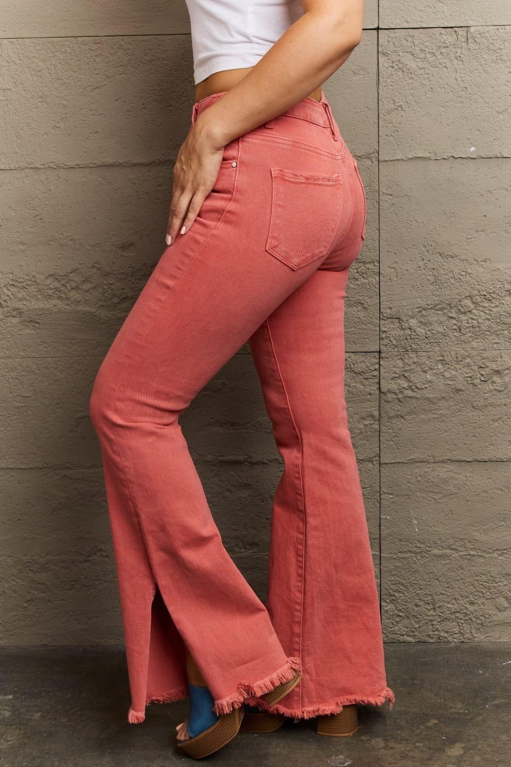 RISEN - Bailey Side Slit Flare Jeans - Coral - Inspired Eye Boutique