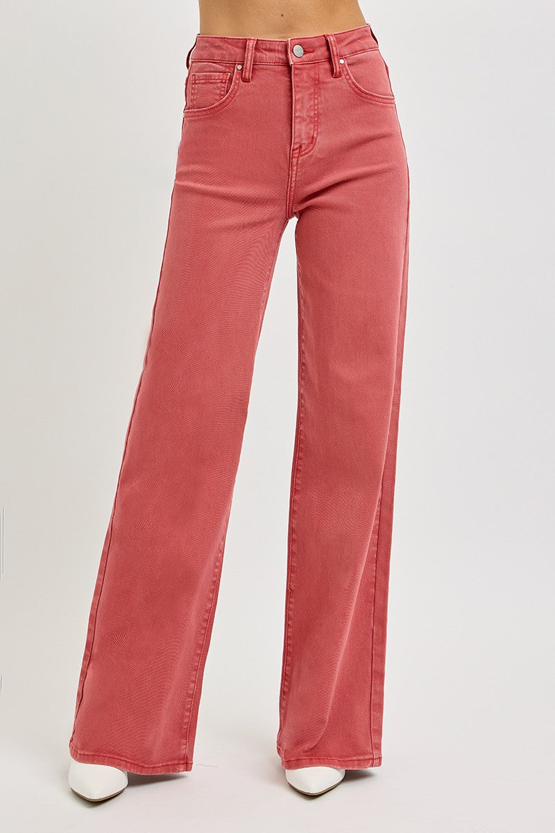 RISEN - Brick Red Wide Leg Tummy Control Jeans - Inspired Eye Boutique