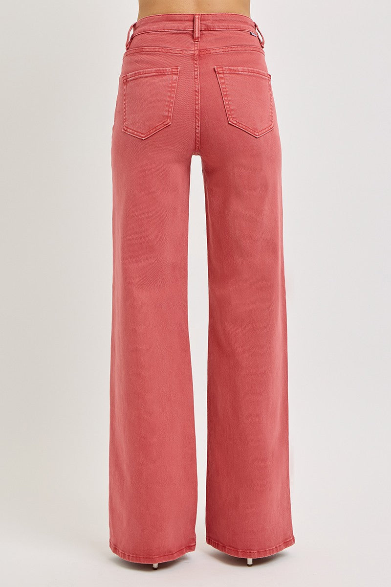 RISEN - Brick Red Wide Leg Tummy Control Jeans - Inspired Eye Boutique