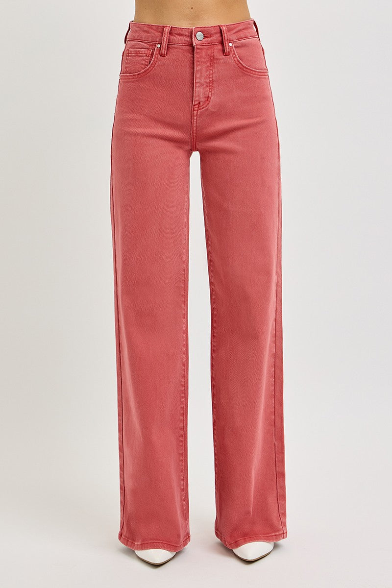 RISEN - Brick Red Wide Leg Tummy Control Jeans - Inspired Eye Boutique