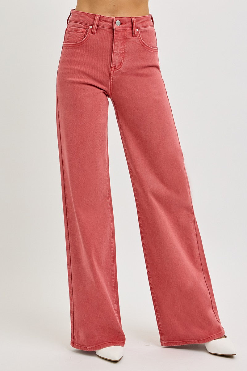 RISEN - Brick Red Wide Leg Tummy Control Jeans - Inspired Eye Boutique