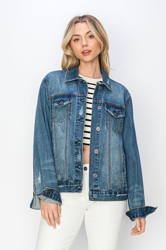 RISEN - Button Front Dark Wash Denim Trucker Jacket - Inspired Eye Boutique