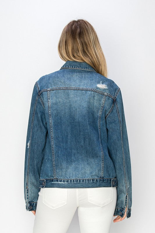 RISEN - Button Front Dark Wash Denim Trucker Jacket - Inspired Eye Boutique