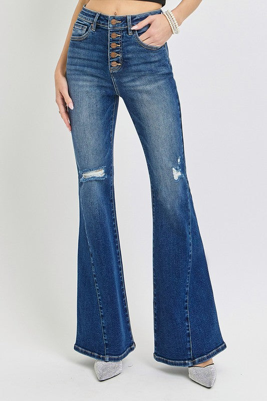 RISEN - Dark Wash Distressed Button-Fly Flare Jeans - Inspired Eye Boutique