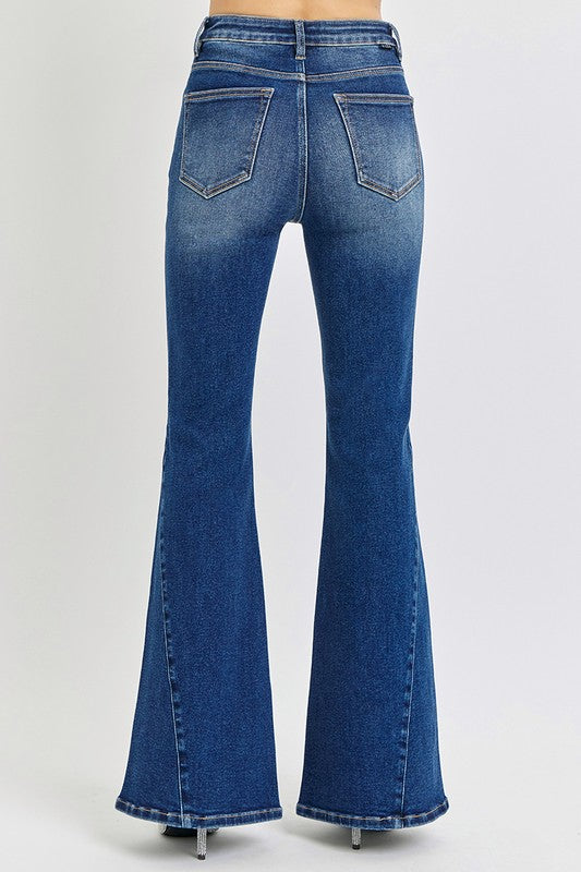 RISEN - Dark Wash Distressed Button-Fly Flare Jeans - Inspired Eye Boutique