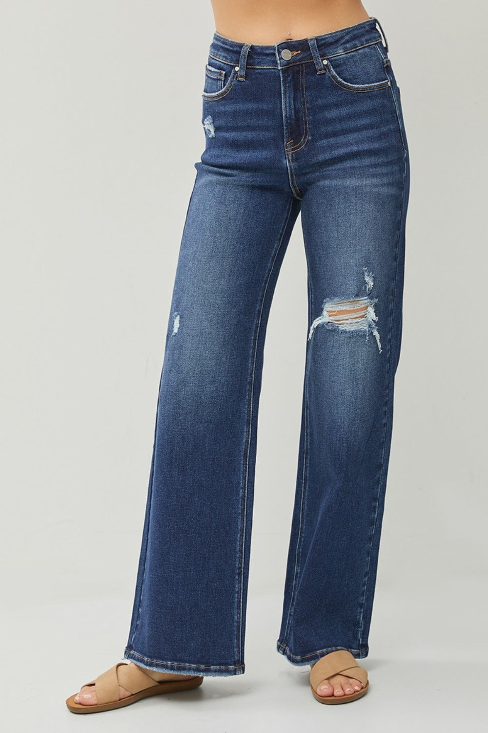 RISEN - Dark Wash Distressed Wide Leg Jeans - Inspired Eye Boutique