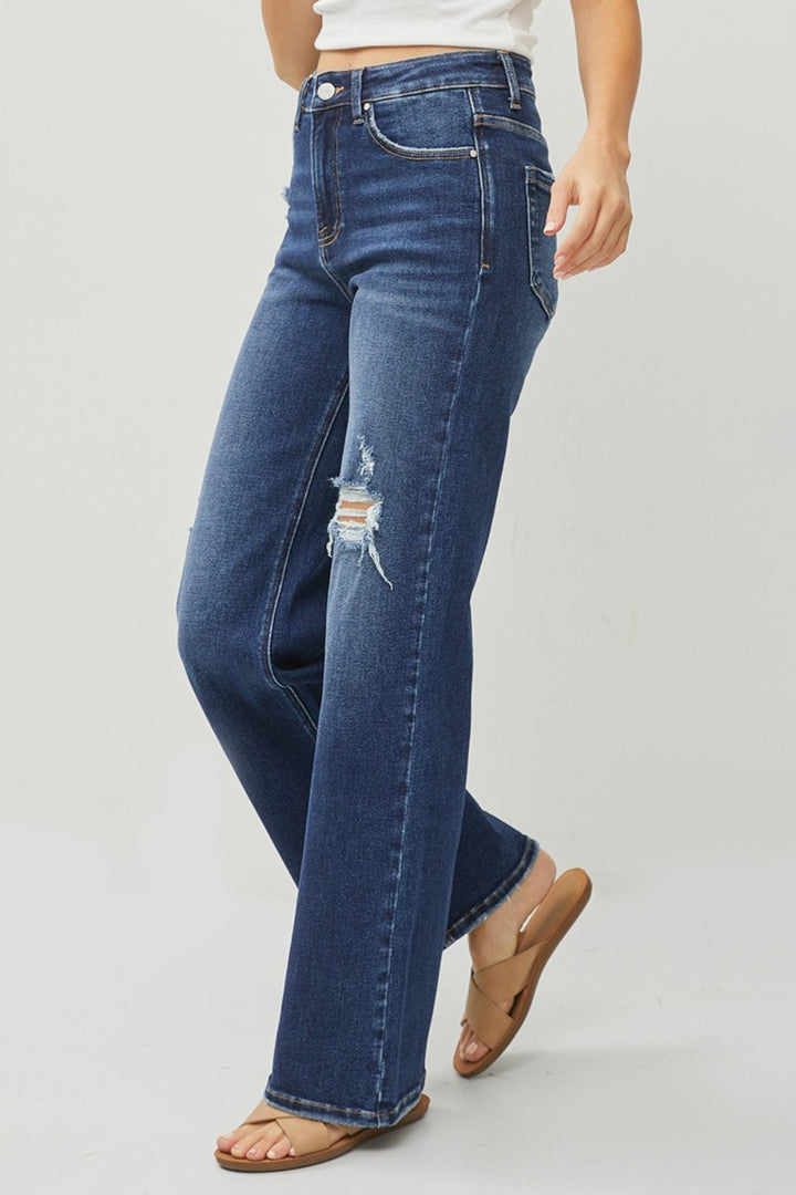 RISEN - Dark Wash Distressed Wide Leg Jeans - Inspired Eye Boutique